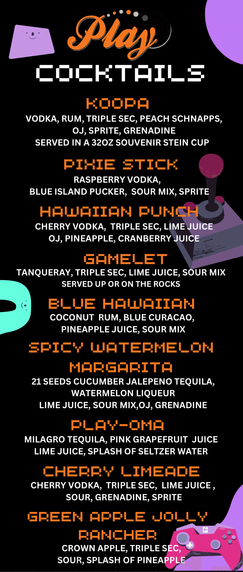 Play Pensacola cocktail menu